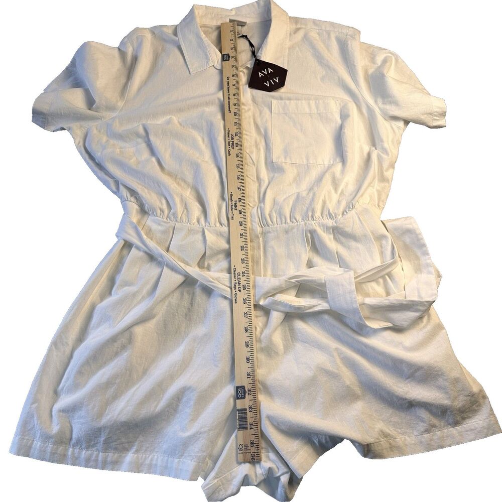 Ava & Viv Romper Womens White Short Sleeve Button Front Belted Side Pockets 2X